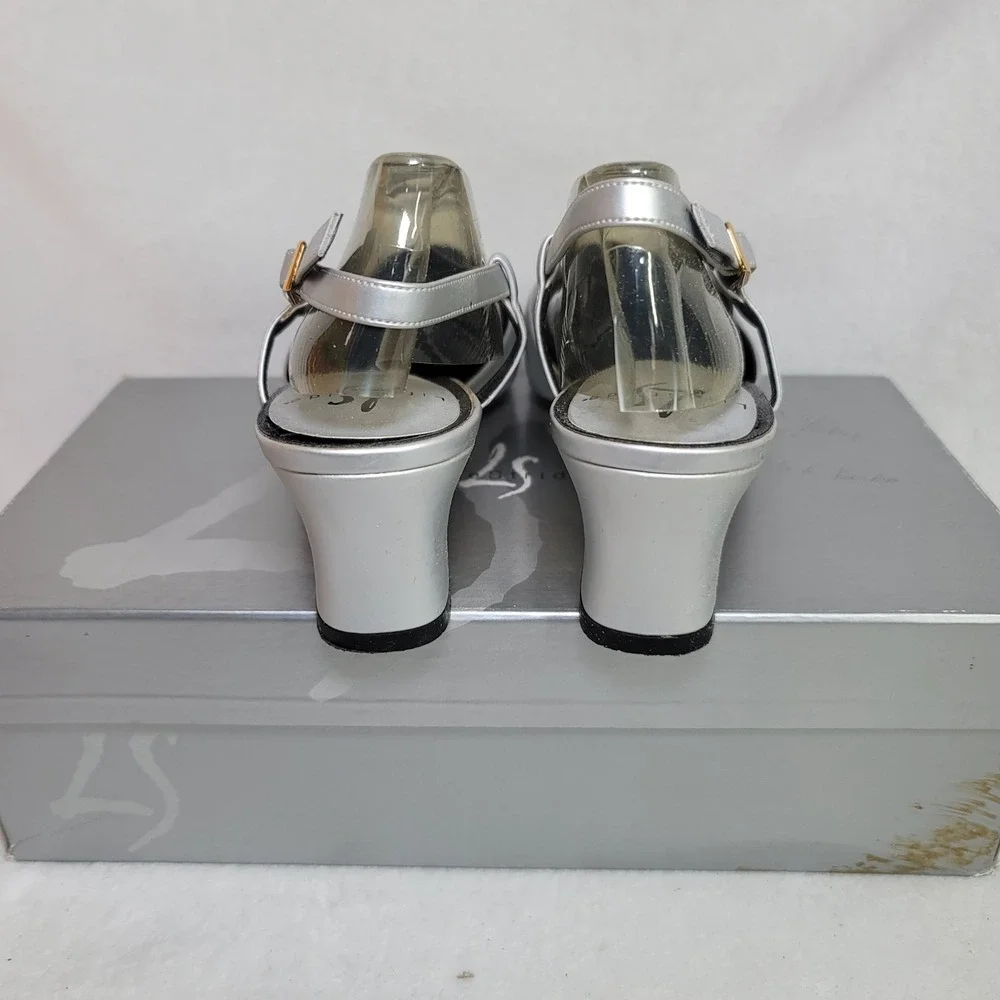 Life Stride Metallic Silver‎ Formal Heels Comfy Slingback Square Toe Size 8.5 N